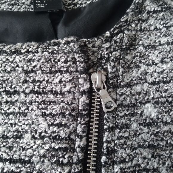 H&M Women's 8 Metallic Silver Heavyweight Boucle Tweed Zip Up Motorcycle Jacket - Picture 10 of 15